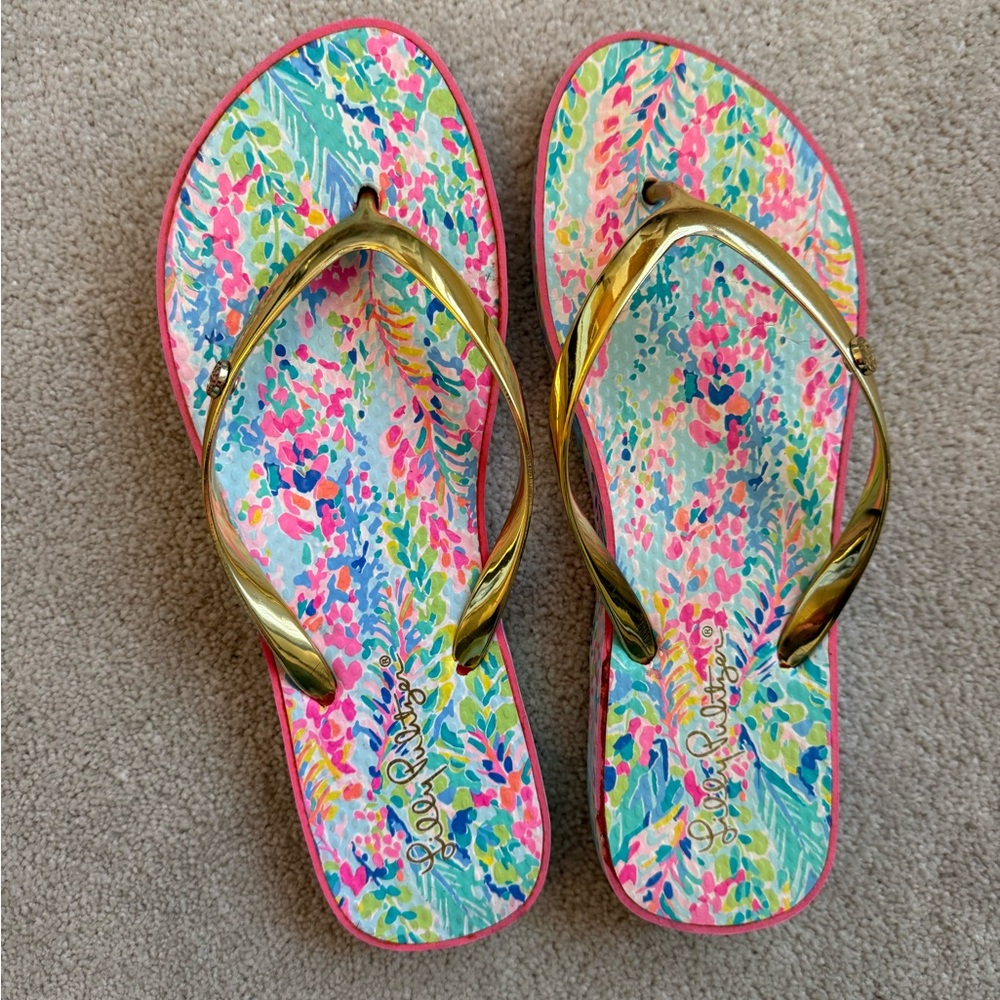 Lilly Pulitzer Floral Flip Flops with Gold Accents
